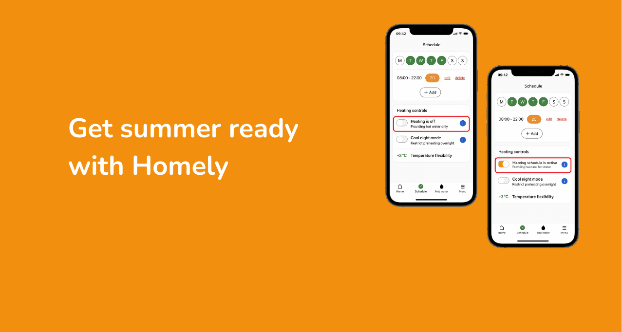 Screenshot of the Homely customer app highlighting the Hot Water Only mode toggle